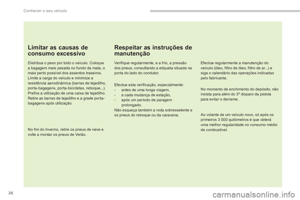 PEUGEOT 3008 2013.5.  Manual de utilização (in Portuguese) Conhecer o seu veículo
26
   
Limitar as causas de 
consumo excessivo 
   
Distribua o peso por todo o veículo. Coloque 
a bagagem mais pesada no fundo da mala, o 
mais perto possível dos assentos 