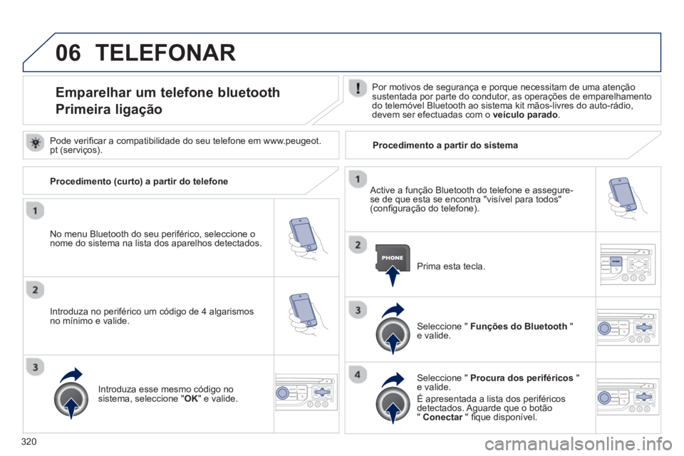 PEUGEOT 3008 2013.5.  Manual de utilização (in Portuguese) 06
320
  TELEFONAR 
 
 
 
 
 
 
 
 
 
 
 
 
 
 
 
 
Emparelhar um telefone bluetooth  
Primeira ligação    
Por motivos de segurança e porque necessitam de uma atenção 
sustentada por parte do co