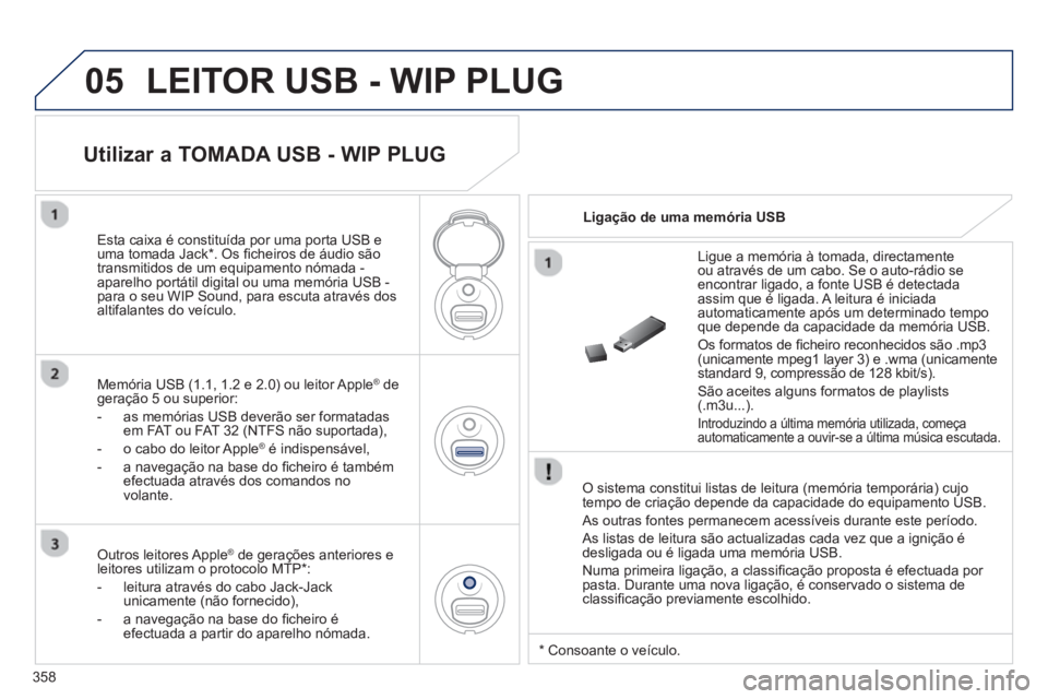 PEUGEOT 3008 2013.5.  Manual de utilização (in Portuguese) 05
358
  LEITOR USB - WIP PLUG 
 
 
O sistema constitui listas de leitura (memória temporária) cujo 
tempo de criação depende da capacidade do equipamento USB. 
  As outras fontes permanecem acess