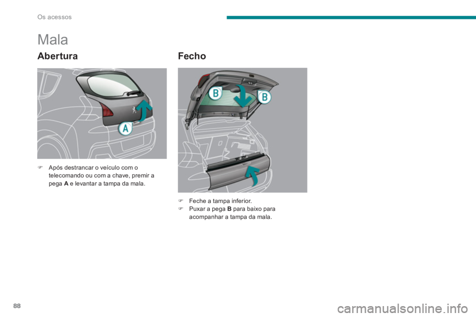 PEUGEOT 3008 2013.5.  Manual de utilização (in Portuguese) Os acessos
88
   
Abertura 
 
 
 
 
 
 
 
 
 
 
 
 
 
 
 
Mala 
 
 
Fecho 
 
 
 
�) 
  Após destrancar o veículo com o 
telecomando ou com a chave, premir a 
pega  A 
 e levantar a tampa da mala.  
