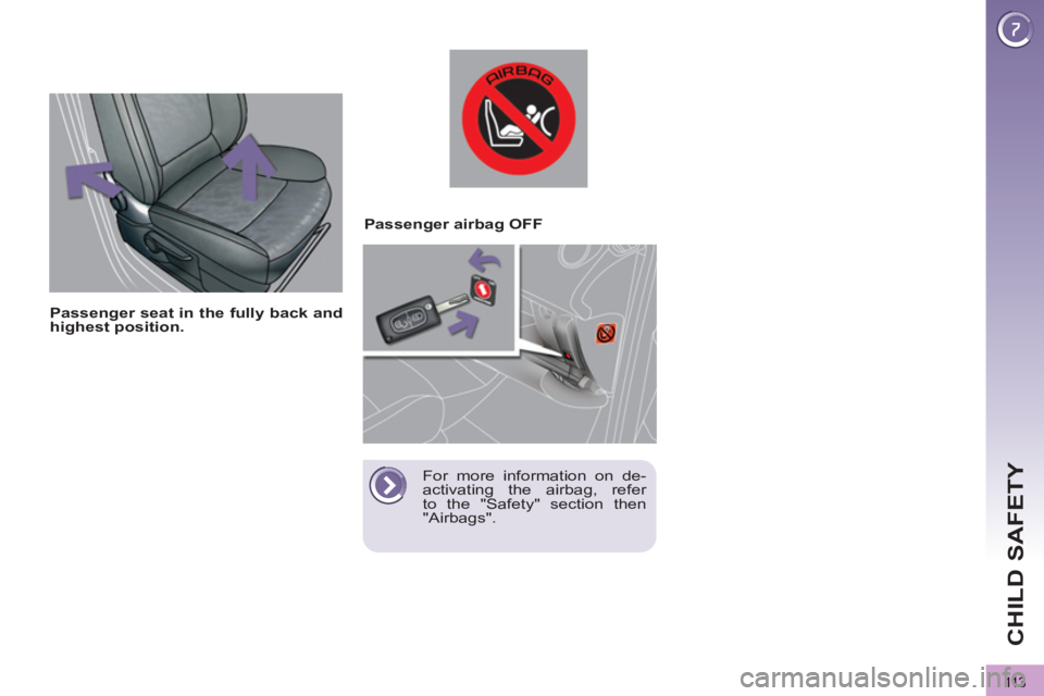 PEUGEOT 3008 2013  Owners Manual 113
CHILD SAFETY
   
 
 
 
 
 
 
 
 
 
 
 
 
 
Passenger seat in the fully back and 
highest position. 
 
 
    
 
 
 
 
 
 
Passenger airbag OFF  
   
For more information on de-
activating the airba