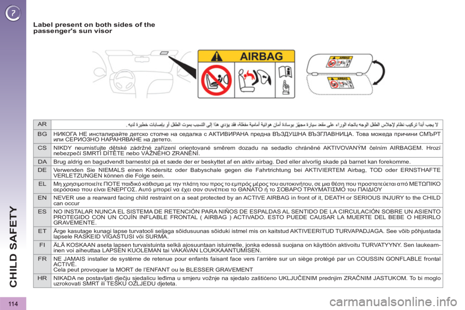 PEUGEOT 3008 2013  Owners Manual AR
BG
НИКОГА НЕ инсталирайте детско столче на седалка с АКТИВИРАНА предна ВЪЗДУШНА ВЪЗГЛАВНИЦА. То в а можеда п