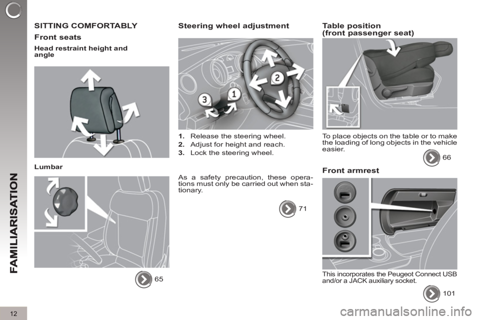 PEUGEOT 3008 2013  Owners Manual 12
  SITTING COMFORTABLY 
   
Front seats 
 
 
Head restraint height and 
angle  
   
Lumbar 
  65  
 
Steering wheel adjustment 
 
 
 
1. 
  Release the steering wheel. 
   
2. 
  Adjust for height a