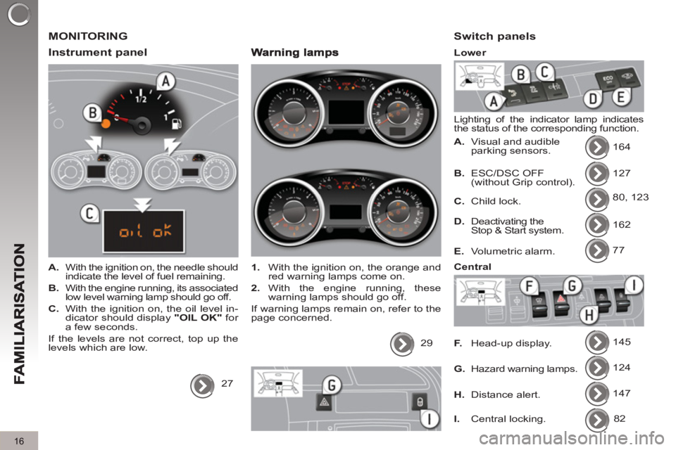PEUGEOT 3008 2013  Owners Manual 16
  MONITORING
   
Instrument 
panel 
 
 
 
A. 
  With the ignition on, the needle should 
indicate the level of fuel remaining. 
   
B. 
  With the engine running, its associated 
low level warning 