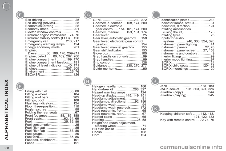PEUGEOT 3008 2013 Owners Manual 338
ALPHABETICAL INDEX
Keeping children safe ........ 112, 113,
121, 122, 133
Key with remote control .... 72-74, 76 Filling with fuel ........................85, 86
Fitting a wheel .................. PEUGEOT 3008 2013 Owners Manual 338
ALPHABETICAL INDEX
Keeping children safe ........ 112, 113,
121, 122, 133
Key with remote control .... 72-74, 76 Filling with fuel ........................85, 86
Fitting a wheel ..................