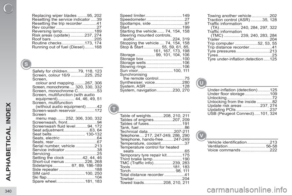 PEUGEOT 3008 2013 Owners Manual 340
ALPHABETICAL INDEX
Replacing wiper blades ........95, 202
Resetting the service indicator .....39
Resetting the trip recorder ............41
Rev counter ..................................27
Revers PEUGEOT 3008 2013 Owners Manual 340
ALPHABETICAL INDEX
Replacing wiper blades ........95, 202
Resetting the service indicator .....39
Resetting the trip recorder ............41
Rev counter ..................................27
Revers