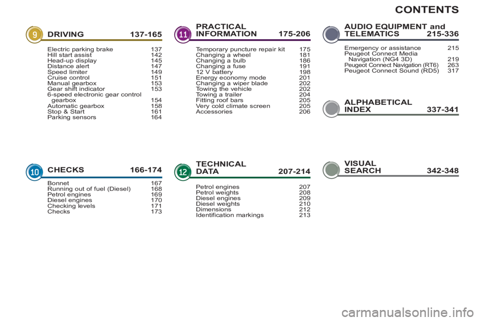 PEUGEOT 3008 2013  Owners Manual CONTENTS
ALPHABETICAL
INDEX 337-341
DRIVING 137-165
CHECKS 166-17
4
PRACTICAL
INFORMATION 175-206
TECHNICALDATA  207-214
AUDIO EQUIPMENT andTELEMATICS 215-336
Electric parking brake 137Hill start assi