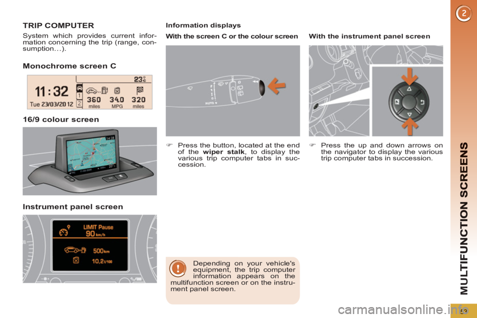 PEUGEOT 3008 2013 Workshop Manual 53
M
U
Monochrome screen C  
16/9 colour screen  
TRIP COMPUTER
 
System which provides current infor-
mation concerning the trip (range, con-
sumption…). 
  Depending on your vehicles 
equipment, 