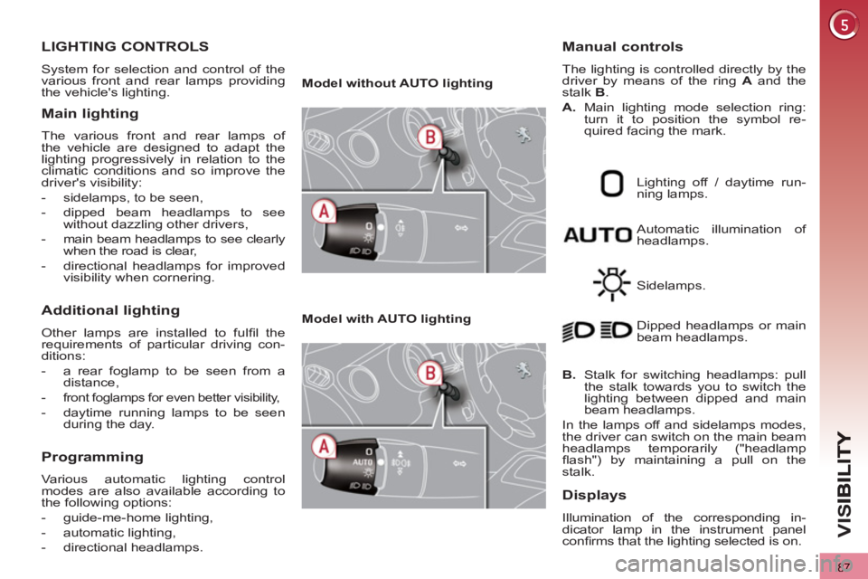 PEUGEOT 3008 2013 Manual Online 87
VIS
LIGHTING CONTROLS 
  System for selection and control of the 
various front and rear lamps providing 
the vehicles lighting. 
Main lighting 
  The various front and rear lamps of 
the vehicle 
