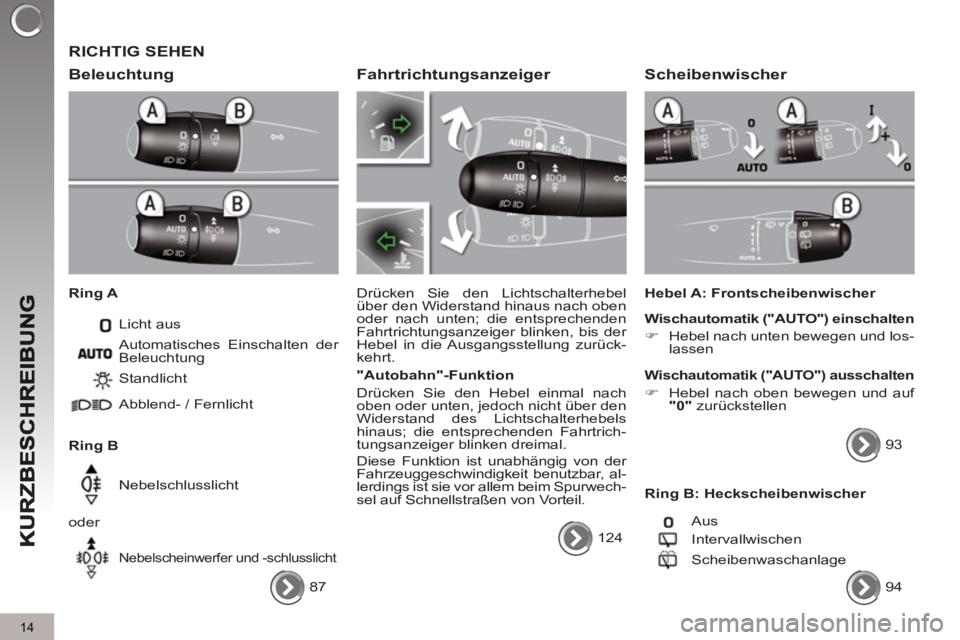 PEUGEOT 3008 2013 Betriebsanleitungen (in German) 14
RICHTIG SEHEN
Beleuchtun
g
Ring A
Licht aus
Ring B Standlicht
Abblend- / Fernlicht
Nebelschlusslicht
oder
Nebelscheinwerfer und -schlusslicht
Automatisches Einsc PEUGEOT 3008 2013 Betriebsanleitungen (in German) 14
RICHTIG SEHEN
Beleuchtun
g
Ring A
Licht aus
Ring B Standlicht
Abblend- / Fernlicht
Nebelschlusslicht
oder
Nebelscheinwerfer und -schlusslicht
Automatisches Einsc