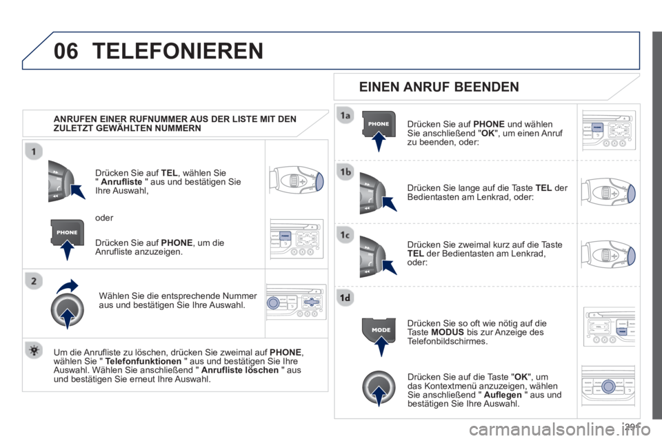 PEUGEOT 3008 2013  Betriebsanleitungen (in German) 291
06TELEFONIEREN
   
 
ANRUFEN EINER RUFNUMMER AUS DER LISTE MIT DEN 
ZULETZT GEWÄHLTEN NUMMERN 
Drücken 
Sie auf  TEL, wählen Sie" Anrufliste" aus und bestätigen Sie 
Ihre Auswahl,
Wählen Sie  PEUGEOT 3008 2013  Betriebsanleitungen (in German) 291
06TELEFONIEREN
   
 
ANRUFEN EINER RUFNUMMER AUS DER LISTE MIT DEN 
ZULETZT GEWÄHLTEN NUMMERN 
Drücken 
Sie auf  TEL, wählen Sie" Anrufliste" aus und bestätigen Sie 
Ihre Auswahl,
Wählen Sie