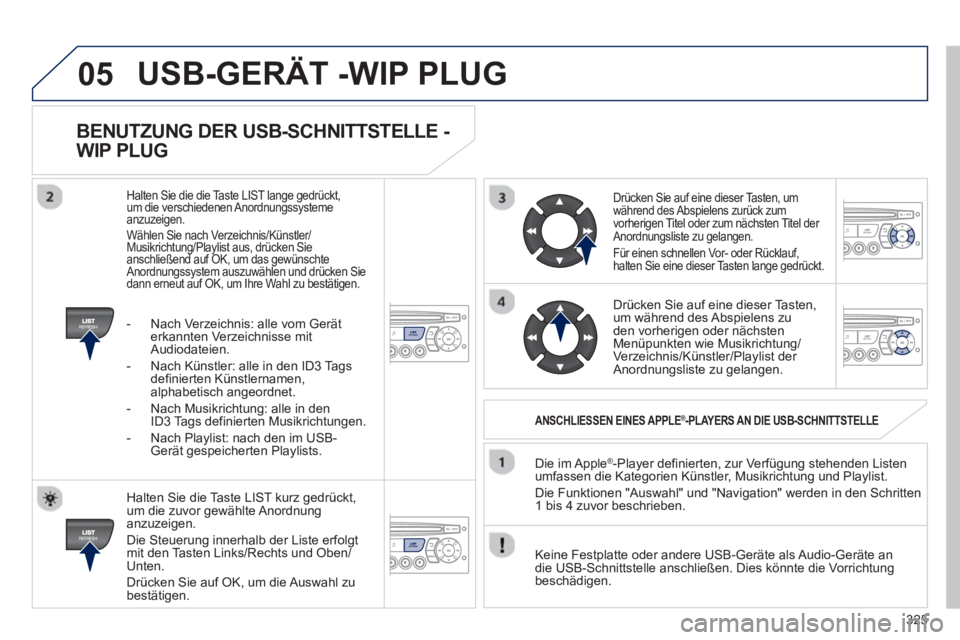 PEUGEOT 3008 2013  Betriebsanleitungen (in German) 325
05
   
BENUTZUNG DER USB-SCHNITTSTELLE - 
WIP PLUG 
   
Halten Sie die Taste LIST kurz gedrückt,
um die zuvor gewählte Anordnunganzuzeigen. 
  Die 
Steuerung innerhalb der Liste erfolgt mit den 
