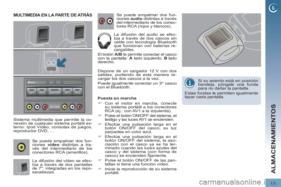PEUGEOT 3008 2013  Manual del propietario (in Spanish) 103
ALMACENAMIENTOS
MULTIMEDIA EN LA PARTE DE ATRÁS
   
Sistema multimedia que permite la co-
nexión de cualquier sistema portátil ex-
terno: Ipod Vídeo, consolas de juegos, 
reproductor DVD, … 