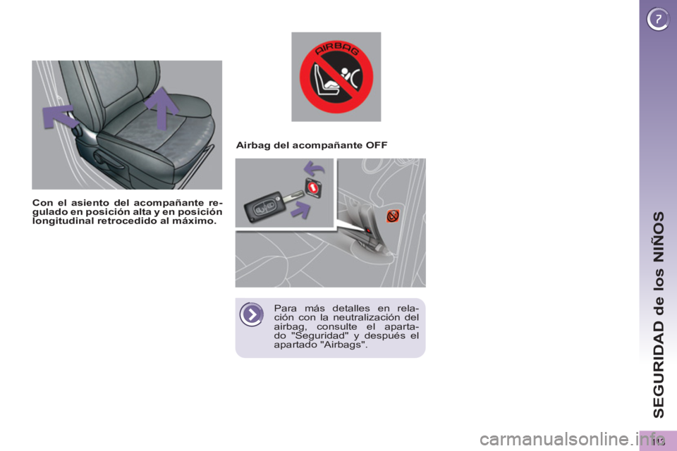 PEUGEOT 3008 2013  Manual del propietario (in Spanish) 113
SEGURIDAD de los NIÑOS
   
 
 
 
 
 
 
 
 
 
 
Con el asiento del acompañante re-
gulado en posición alta y en posición 
longitudinal retrocedido al máximo. 
 
 
    
 
 
 
 
 
Airbag del aco