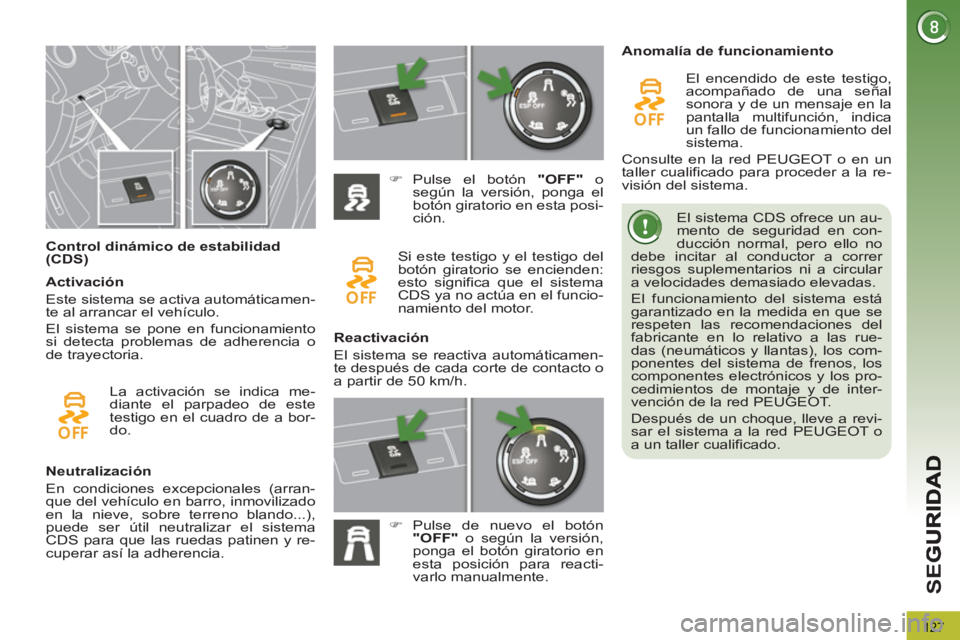 PEUGEOT 3008 2013  Manual del propietario (in Spanish) 127
SE
G
   
 
 
 
 
 
Control dinámico de estabilidad 
(CDS)    El sistema CDS ofrece un au-
mento de seguridad en con-
ducción normal, pero ello no 
debe incitar al conductor a correr 
riesgos sup