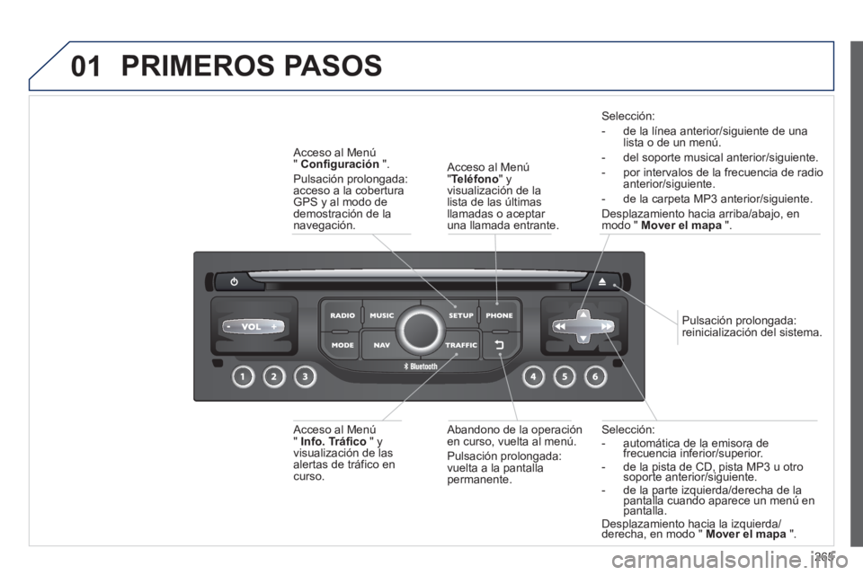 PEUGEOT 3008 2013 Manual del propietario (in Spanish) 265
01
Selección:
- automática de la emisora de frecuencia inferior/superior. - de la pista de CD, pista MP3 u otro soporte anterior/siguiente.pppp
- de la parte izquierda/derecha de la pantal PEUGEOT 3008 2013 Manual del propietario (in Spanish) 265
01
Selección:
- automática de la emisora de frecuencia inferior/superior. - de la pista de CD, pista MP3 u otro soporte anterior/siguiente.pppp
- de la parte izquierda/derecha de la pantal