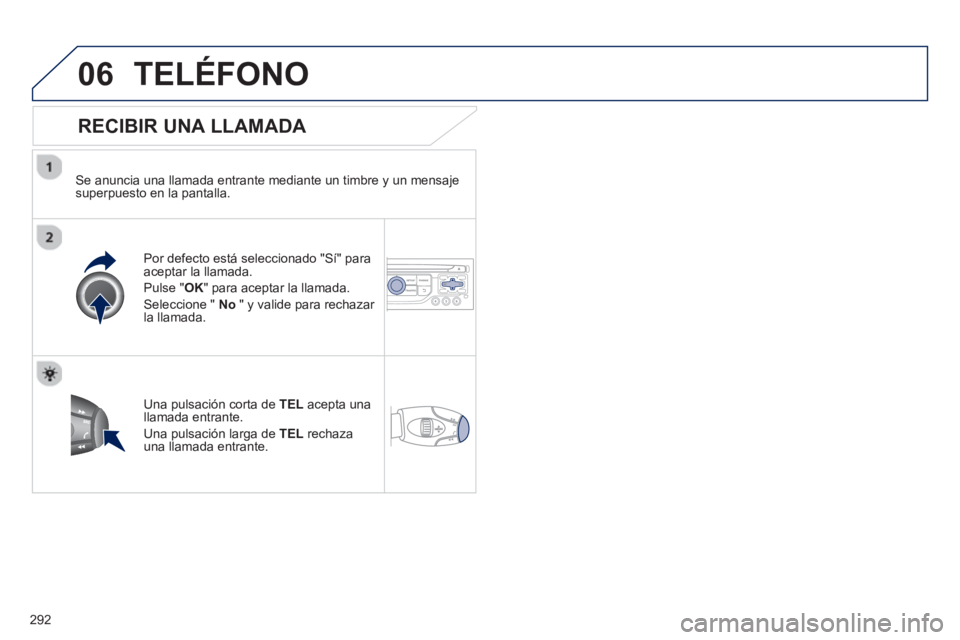 PEUGEOT 3008 2013 Manual del propietario (in Spanish) 292
06TELÉFONO
RECIBIR UNA LLAMADA
Se anuncia una llamada entrante mediante un timbre y un mensajesuperpuesto en la pantalla.
Por de
fecto está seleccionado "Sí" para
aceptar la llamada PEUGEOT 3008 2013 Manual del propietario (in Spanish) 292
06TELÉFONO
RECIBIR UNA LLAMADA
Se anuncia una llamada entrante mediante un timbre y un mensajesuperpuesto en la pantalla.
Por de
fecto está seleccionado "Sí" para
aceptar la llamada