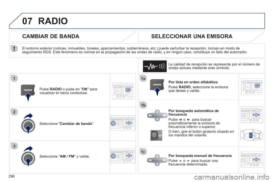 PEUGEOT 3008 2013  Manual del propietario (in Spanish) 296
07RADIO 
   
Por lista en orden alfabético
  P
ulse  RADIO, seleccione la emisoraque desee y valide. 
   
Por bús
queda automática de frecuencia 
 
Pulse  �o  �  
para buscar automáticamente