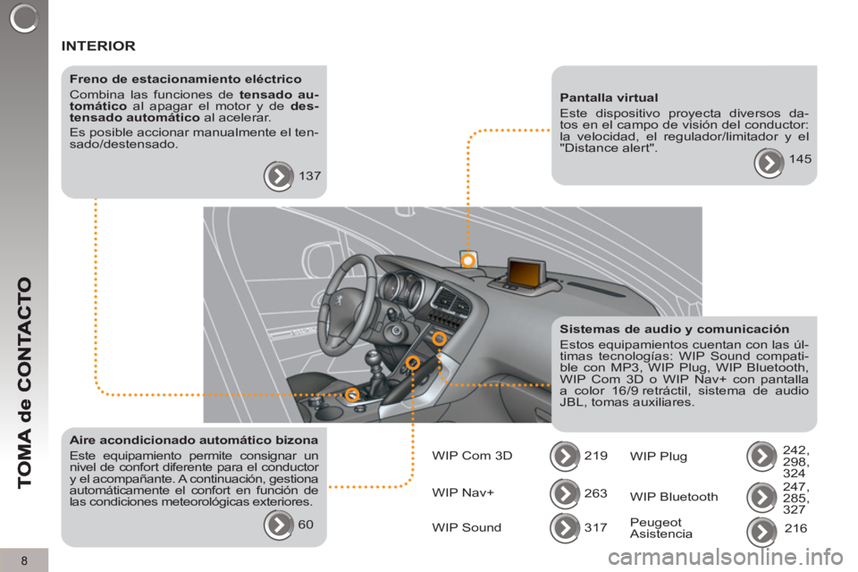 PEUGEOT 3008 2013  Manual del propietario (in Spanish) 8
  INTERIOR  
 
 
Freno de estacionamiento eléctrico 
  Combina las funciones de  tensado au-
tomático 
 al apagar el motor y de  des-
tensado automático 
 al acelerar. 
  Es posible accionar manu