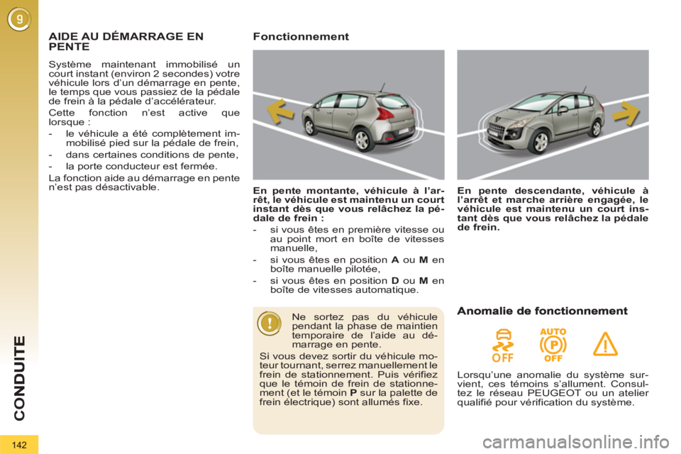 PEUGEOT 3008 2013  Manuel du propriétaire (in French) 142
CO
AIDE AU DÉMARRAGE ENPENTE
  Système maintenant immobilisé un 
court instant (environ 2 secondes) votre 
véhicule lors d’un démarrage en pente, 
le temps que vous passiez de la pédale 
d