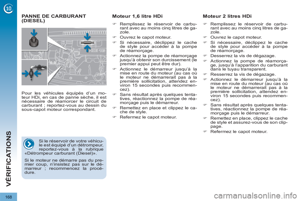 PEUGEOT 3008 2013  Manuel du propriétaire (in French) 168
VÉRIFICATIONS
PANNE DE CARBURANT (DIESEL)      
Moteur 1,6 litre HDi  
 
 
�) 
  Remplissez le réservoir de carbu-
rant avec au moins cinq litres de ga-
zole. 
   
�) 
  Ouvrez le capot moteur. 