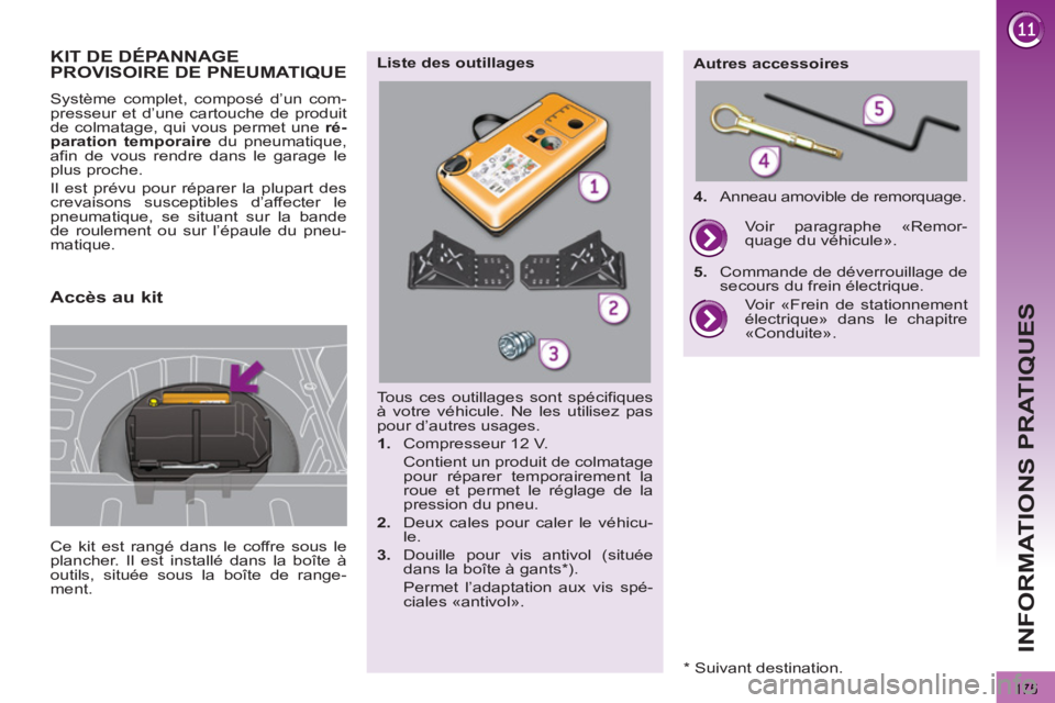 PEUGEOT 3008 2013  Manuel du propriétaire (in French) 175
INFORMATIONS PRATIQUES
KIT DE DÉPANNAGE PROVISOIRE DE PNEUMATIQUE 
  Ce kit est rangé dans le coffre sous le 
plancher. Il est installé dans la boîte à 
outils, située sous la boîte de rang