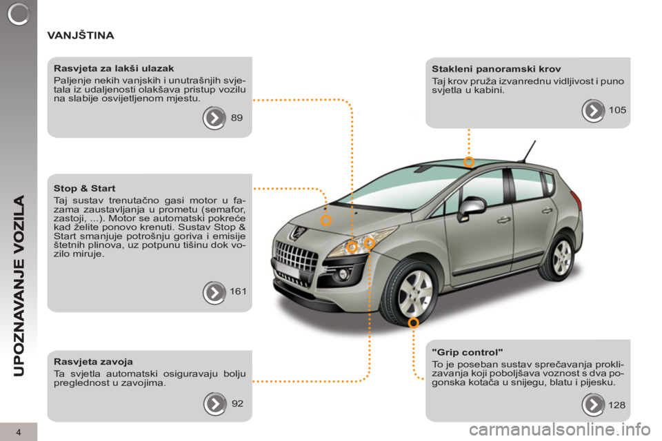 PEUGEOT 3008 2013 Upute Za Rukovanje (in Croatian) 4
VANJŠTINA
"Grip control"
To je poseban sustav sprečavanja prokli-
zavanja koji poboljšava voznost s dva po-
gonska kotača u snijegu, blatu i pijesku.
Rasvjeta za lakši ulazak
PEUGEOT 3008 2013 Upute Za Rukovanje (in Croatian) 4
VANJŠTINA
"Grip control"
To je poseban sustav sprečavanja prokli-
zavanja koji poboljšava voznost s dva po-
gonska kotača u snijegu, blatu i pijesku.
Rasvjeta za lakši ulazak