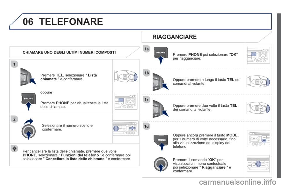 PEUGEOT 3008 2013 Manuale duso (in Italian) 291
06TELEFONARE
CHIAMARE UNO DEGLI ULTIMI NUMERI COMPOSTI
Pr
emere TEL, selezionare " Lista chiamate " e confermare,
Selezionare il numero scelto econfermare.
Per cancellare la lista d PEUGEOT 3008 2013 Manuale duso (in Italian) 291
06TELEFONARE
CHIAMARE UNO DEGLI ULTIMI NUMERI COMPOSTI
Pr
emere TEL, selezionare " Lista chiamate " e confermare,
Selezionare il numero scelto econfermare.
Per cancellare la lista d