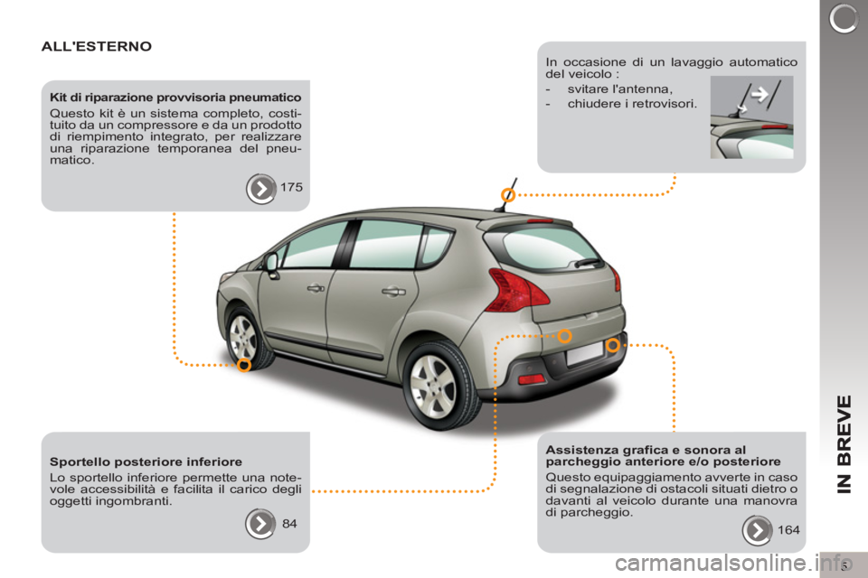 PEUGEOT 3008 2013  Manuale duso (in Italian) 5
ALLESTERNO
   
Kit di riparazione provvisoria pneumatico 
 
Questo kit è un sistema completo, costi-
tuito da un compressore e da un prodotto 
di riempimento integrato, per realizzare 
una riparaz