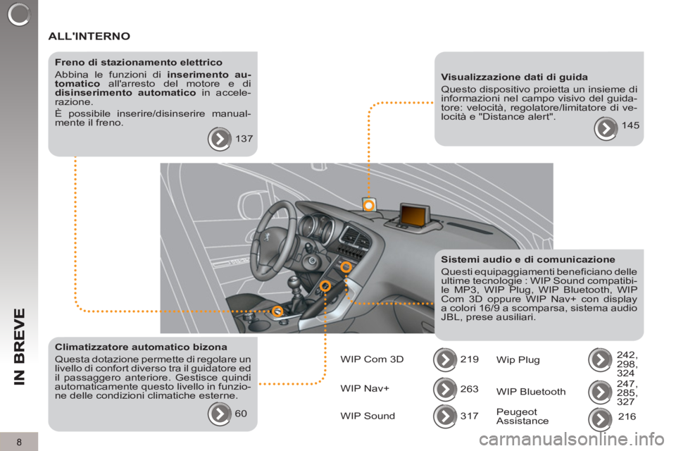 PEUGEOT 3008 2013  Manuale duso (in Italian) 8
  ALLINTERNO
 
 
Freno di stazionamento elettrico 
  Abbina le funzioni di  inserimento au-
tomatico 
 allarresto del motore e di 
  disinserimento automatico 
 in accele-
razione. 
  È possibile