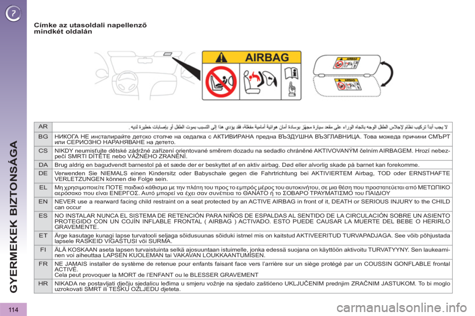 PEUGEOT 3008 2013  Kezelési útmutató (in Hungarian) AR
BG
НИКОГА НЕ инсталирайте детско столче на седалка с АКТИВИРАНА предна ВЪЗДУШНА ВЪЗГЛАВНИЦА. То в а можеда п�