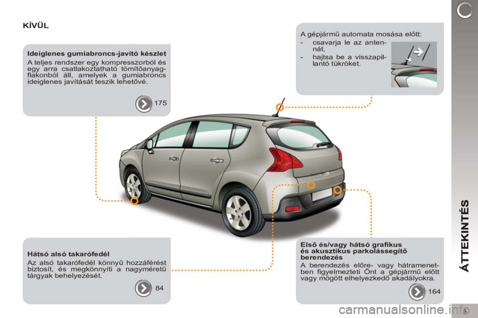 PEUGEOT 3008 2013 Kezelési útmutató (in Hungarian) 5
KÍVÜL
Ideiglenes gumiabroncs-javító készlet
A teljes rendszer egy kompresszorból és
egy arra csatlakoztatható tömítőanyag-
flakonból áll, amelyek a gumiabroncs
ideiglenes jav PEUGEOT 3008 2013 Kezelési útmutató (in Hungarian) 5
KÍVÜL
Ideiglenes gumiabroncs-javító készlet
A teljes rendszer egy kompresszorból és
egy arra csatlakoztatható tömítőanyag-
flakonból áll, amelyek a gumiabroncs
ideiglenes jav
