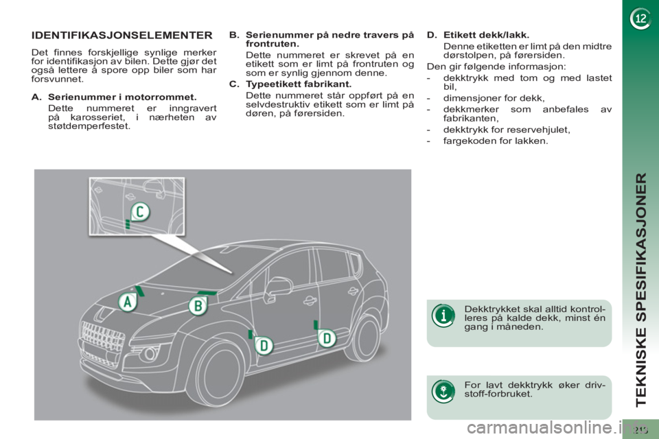 PEUGEOT 3008 2013 Instruksjoner for bruk (in Norwegian) 213
TEKNISKE SPESIFIKASJONER
IDENTIFIKASJONSELEMENTER
Det finnes forskjellige synlige merker
for identifikasjon av bilen. Dette gjør det
også lettere å spore opp biler som har
forsvunnet.
PEUGEOT 3008 2013 Instruksjoner for bruk (in Norwegian) 213
TEKNISKE SPESIFIKASJONER
IDENTIFIKASJONSELEMENTER
Det finnes forskjellige synlige merker
for identifikasjon av bilen. Dette gjør det
også lettere å spore opp biler som har
forsvunnet.