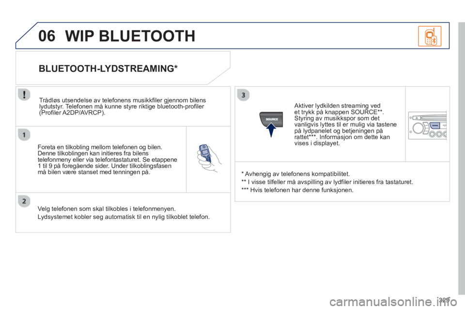 PEUGEOT 3008 2013 Instruksjoner for bruk (in Norwegian) 329
06
Foreta en tilkobling mellom telefonen og bilen. Denne tilkoblingen kan initieres fra bilens
telefonmeny eller via telefontastaturet. Se etappene
1 til 9 på foregående sider. Under tilkob PEUGEOT 3008 2013 Instruksjoner for bruk (in Norwegian) 329
06
Foreta en tilkobling mellom telefonen og bilen. Denne tilkoblingen kan initieres fra bilens
telefonmeny eller via telefontastaturet. Se etappene
1 til 9 på foregående sider. Under tilkob