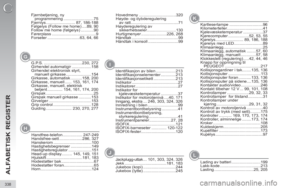 PEUGEOT 3008 2013  Instruksjoner for bruk (in Norwegian) 338
ALFABETISK REGISTER
Kartleserlampe .............................96
Kilometerteller...............................41
Kjølevæsketemperatur .................37
Kjørecomputer ..................52, 