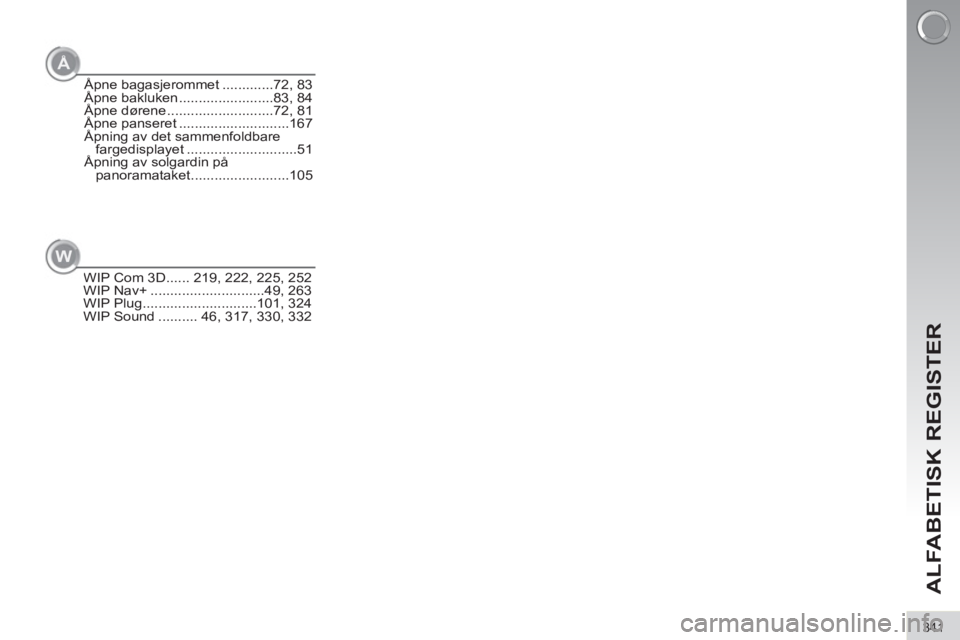 PEUGEOT 3008 2013 Instruksjoner for bruk (in Norwegian) 341
ALFABETISK REGISTER
WIP Com 3D ...... 219, 222, 225, 252
WIP Nav+ .............................49, 263
WIP Plug .............................101, 324
WIP Sound .......... 46, 317, 330, 332
W
Å
Å PEUGEOT 3008 2013 Instruksjoner for bruk (in Norwegian) 341
ALFABETISK REGISTER
WIP Com 3D ...... 219, 222, 225, 252
WIP Nav+ .............................49, 263
WIP Plug .............................101, 324
WIP Sound .......... 46, 317, 330, 332
W
Å
Å
