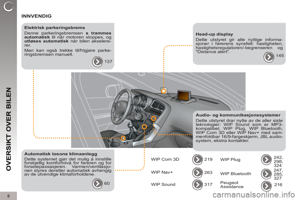 PEUGEOT 3008 2013  Instruksjoner for bruk (in Norwegian) 8
  INNVENDIG  
 
 
Elektrisk parkeringsbrems 
  Denne parkeringsbremsen  s 
  trammes 
automatisk 
 til når motoren stoppes, og 
  utløses automatisk 
 når bilen akselere-
rer. 
  Man kan også tr