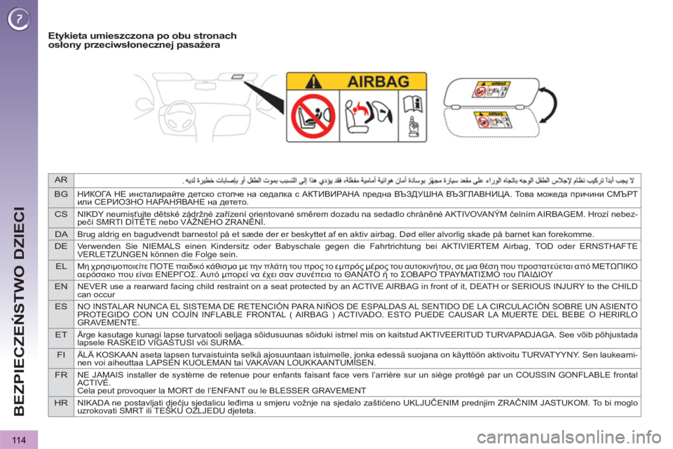 PEUGEOT 3008 2013  Instrukcja obsługi (in Polish) AR
BG
НИКОГА НЕ инсталирайте детско столче на седалка с АКТИВИРАНА предна ВЪЗДУШНА ВЪЗГЛАВНИЦА. То в а можеда п
