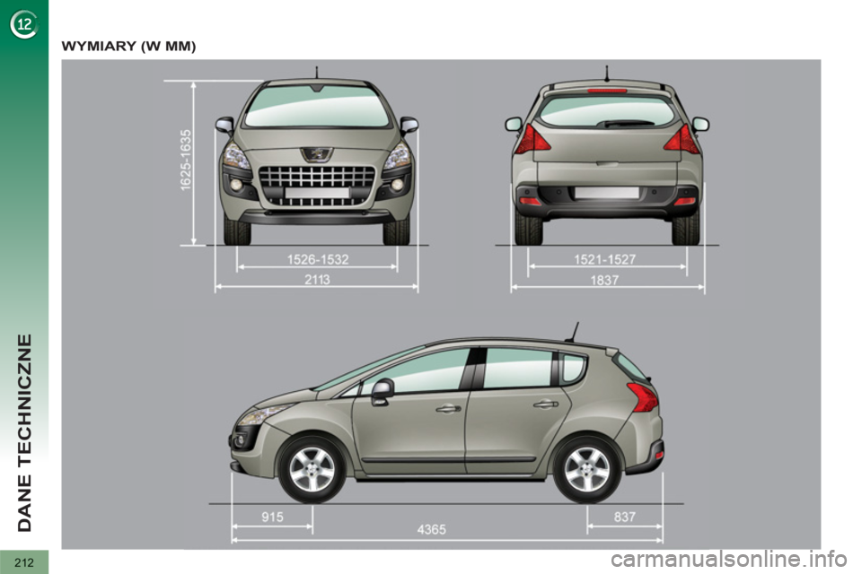 PEUGEOT 3008 2013  Instrukcja obsługi (in Polish) 212
DANE TECHNICZNE
WYMIARY (W MM)  
