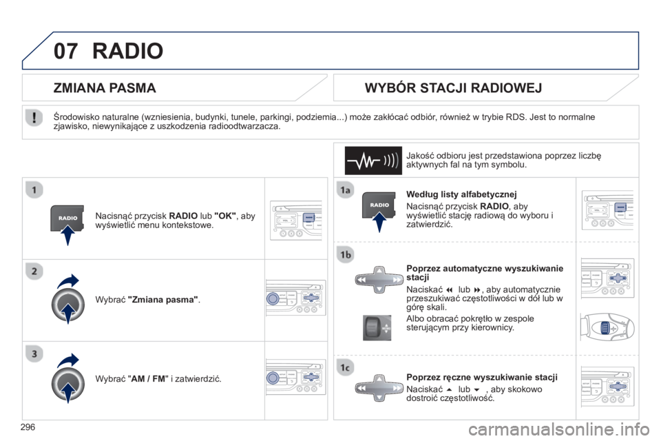 PEUGEOT 3008 2013  Instrukcja obsługi (in Polish) 296
07RADIO 
   
Według listy alfabetycznej
 
Nacisnąć przycisk RADIO 
, abywyświetlić stację radiową do wyboru i zatwierdzić.  
   
Poprzez automat
yczne wyszukiwanie 
stacji
  Naciskać �  