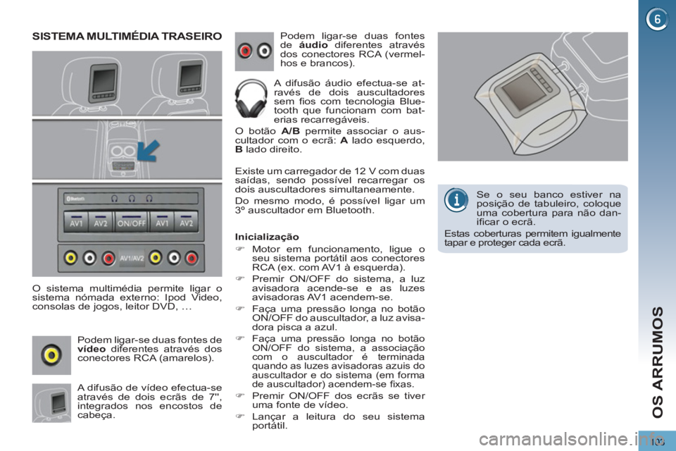 PEUGEOT 3008 2013  Manual de utilização (in Portuguese) 103
OS ARRUMOS
   
 
 
 
 
SISTEMA MULTIMÉDIA TRASEIRO 
 
 
O sistema multimédia permite ligar o 
sistema nómada externo: Ipod Video, 
consolas de jogos, leitor DVD, … 
  Podem ligar-se duas font