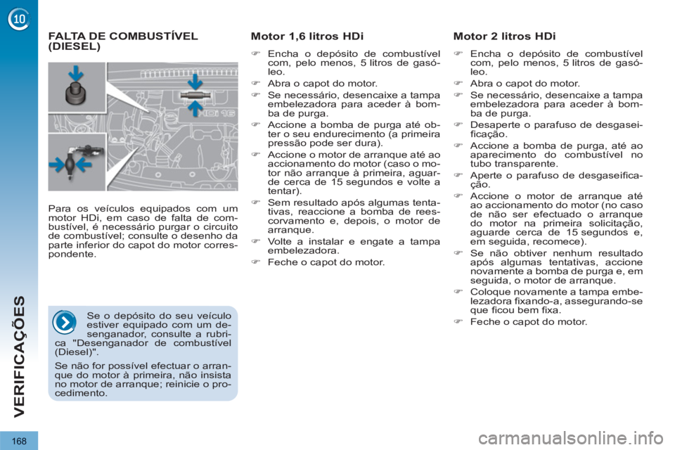 PEUGEOT 3008 2013  Manual de utilização (in Portuguese) 168
VERIFICAÇÕES
FALTA DE COMBUSTÍVEL(DIESEL)      
Motor 1,6 litros HDi  
 
 
�) 
  Encha o depósito de combustível 
com, pelo menos, 5 litros de gasó-
leo. 
   
�) 
  Abra o capot do motor. 
 