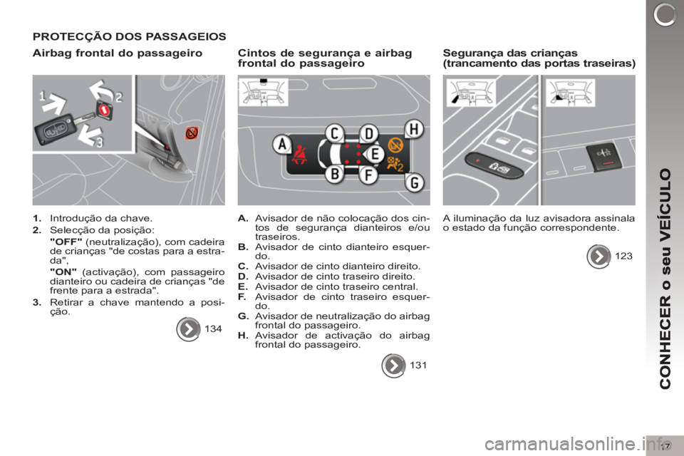 PEUGEOT 3008 2013 Manual de utilização (in Portuguese) 17
PROTECÇÃO DOS PASSAGEIOS
Airbag frontal do passageiro
1.
Introdução da chave.
2.
Selecção da posição:
"OFF"
(neutralização), com cadeira
de crianças "de costas p PEUGEOT 3008 2013 Manual de utilização (in Portuguese) 17
PROTECÇÃO DOS PASSAGEIOS
Airbag frontal do passageiro
1.
Introdução da chave.
2.
Selecção da posição:
"OFF"
(neutralização), com cadeira
de crianças "de costas p