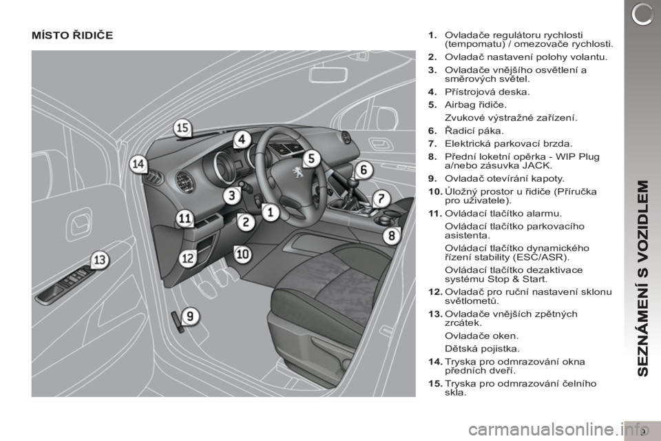 PEUGEOT 3008 2013 Návod na použití (in Czech) 9
MÍSTO ŘIDIČE
1.
Ovladače regulátoru rychlosti
(tempomatu) / omezovače rychlosti.
2.
Ovladač nastavení polohy volantu.
3.
Ovladače vnějšího osvětlení a
směrovýc PEUGEOT 3008 2013 Návod na použití (in Czech) 9
MÍSTO ŘIDIČE
1.
Ovladače regulátoru rychlosti
(tempomatu) / omezovače rychlosti.
2.
Ovladač nastavení polohy volantu.
3.
Ovladače vnějšího osvětlení a
směrovýc