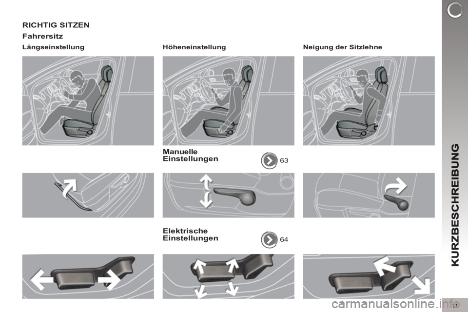 PEUGEOT 3008 2012.5 Betriebsanleitungen (in German) 11
RICHTIG SITZEN
Fahrersitz
Längseinstellung
Höheneinstellung
Manuelle Einstellungen
63
Elektrische Einstellungen
64
Neigung der Sitzlehne
PEUGEOT 3008 2012.5 Betriebsanleitungen (in German) 11
RICHTIG SITZEN
Fahrersitz
Längseinstellung
Höheneinstellung
Manuelle Einstellungen
63
Elektrische Einstellungen
64
Neigung der Sitzlehne