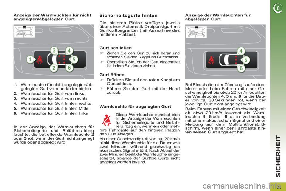 PEUGEOT 3008 2012.5  Betriebsanleitungen (in German) 131
SI
C
   
 
1. 
  Warnleuchte für nicht angelegten/ab-
gelegten Gurt vorn und/oder hinten 
   
2. 
  Warnleuchte für Gurt vorn links 
   
3. 
  Warnleuchte für Gurt vorn rechts 
   
4. 
  Warnle