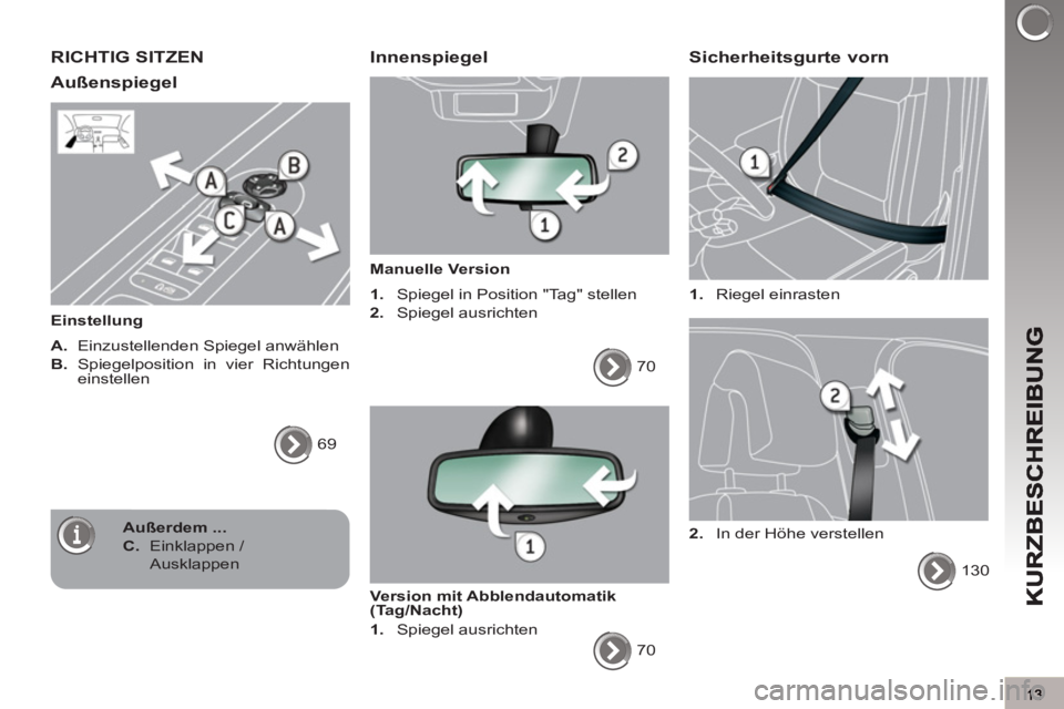 PEUGEOT 3008 2012.5 Betriebsanleitungen (in German) RICHTIG SITZEN
Außenspiegel
Einstellung
A.
Einzustellenden Spiegel anwählen
B.
Spiegelposition in vier Richtungen
einstellen
69
Innenspiegel
Manuelle Version
PEUGEOT 3008 2012.5 Betriebsanleitungen (in German) RICHTIG SITZEN
Außenspiegel
Einstellung
A.
Einzustellenden Spiegel anwählen
B.
Spiegelposition in vier Richtungen
einstellen
69
Innenspiegel
Manuelle Version