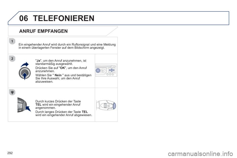 PEUGEOT 3008 2012.5 Betriebsanleitungen (in German) 292
06TELEFONIEREN
ANRUF EMPFANGEN
Ein eingehender Anruf wird durch ein Ruftonsignal und eine Meldung
in einem überlagerten Fenster auf dem Bildschirm angezeigt.
"Ja", um den Anruf anzune PEUGEOT 3008 2012.5 Betriebsanleitungen (in German) 292
06TELEFONIEREN
ANRUF EMPFANGEN
Ein eingehender Anruf wird durch ein Ruftonsignal und eine Meldung
in einem überlagerten Fenster auf dem Bildschirm angezeigt.
"Ja", um den Anruf anzune
