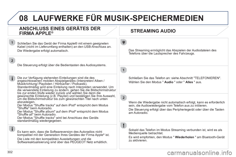 PEUGEOT 3008 2012.5 Betriebsanleitungen (in German) 302
08
STREAMING AUDIO
Das Streaming ermöglicht das Abspielen der Audiodateien des
Te l efons über die Lautsprecher des Fahrzeugs.
Schließen Sie das Telefon an: siehe Abschnitt "TELEFONIEREN".
W
PEUGEOT 3008 2012.5 Betriebsanleitungen (in German) 302
08
STREAMING AUDIO
Das Streaming ermöglicht das Abspielen der Audiodateien des
Te l efons über die Lautsprecher des Fahrzeugs.
Schließen Sie das Telefon an: siehe Abschnitt "TELEFONIEREN".
W