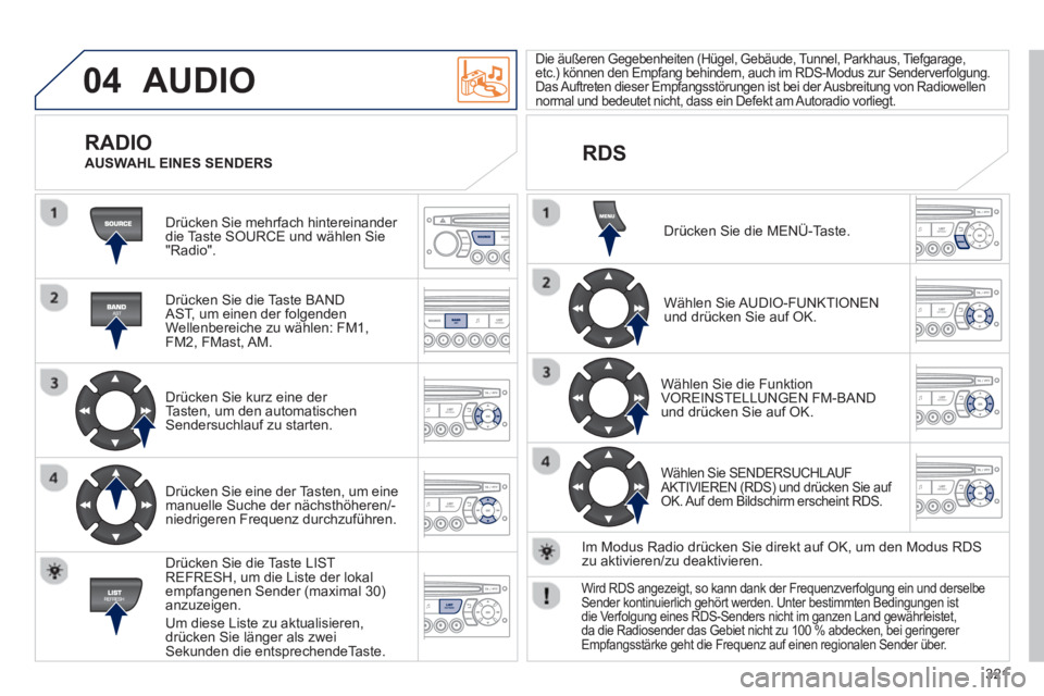 PEUGEOT 3008 2012.5 Betriebsanleitungen (in German) 321
04 AUDIO
Drücken Sie mehrfach hintereinander
die Taste SOURCE und wählen Sie"Radio".
Drücken
Sie die Taste BANDAST, um einen der folgenden
Wellenbereiche zu wählen: FM1,FM2, FMast PEUGEOT 3008 2012.5 Betriebsanleitungen (in German) 321
04 AUDIO
Drücken Sie mehrfach hintereinander
die Taste SOURCE und wählen Sie"Radio".
Drücken
Sie die Taste BANDAST, um einen der folgenden
Wellenbereiche zu wählen: FM1,FM2, FMast